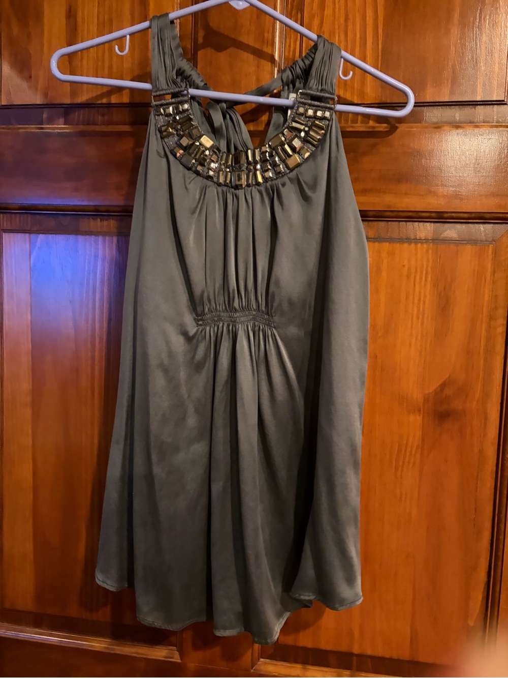 Vintage Caché Y2K Grey Silk Embellished Halter Top – Size Small